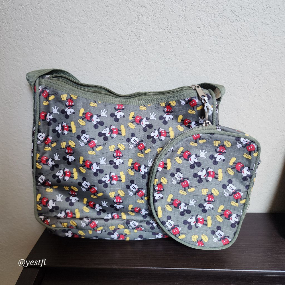 Green olive insulated small Disney Mickey Mouse tote purse with makeup bag